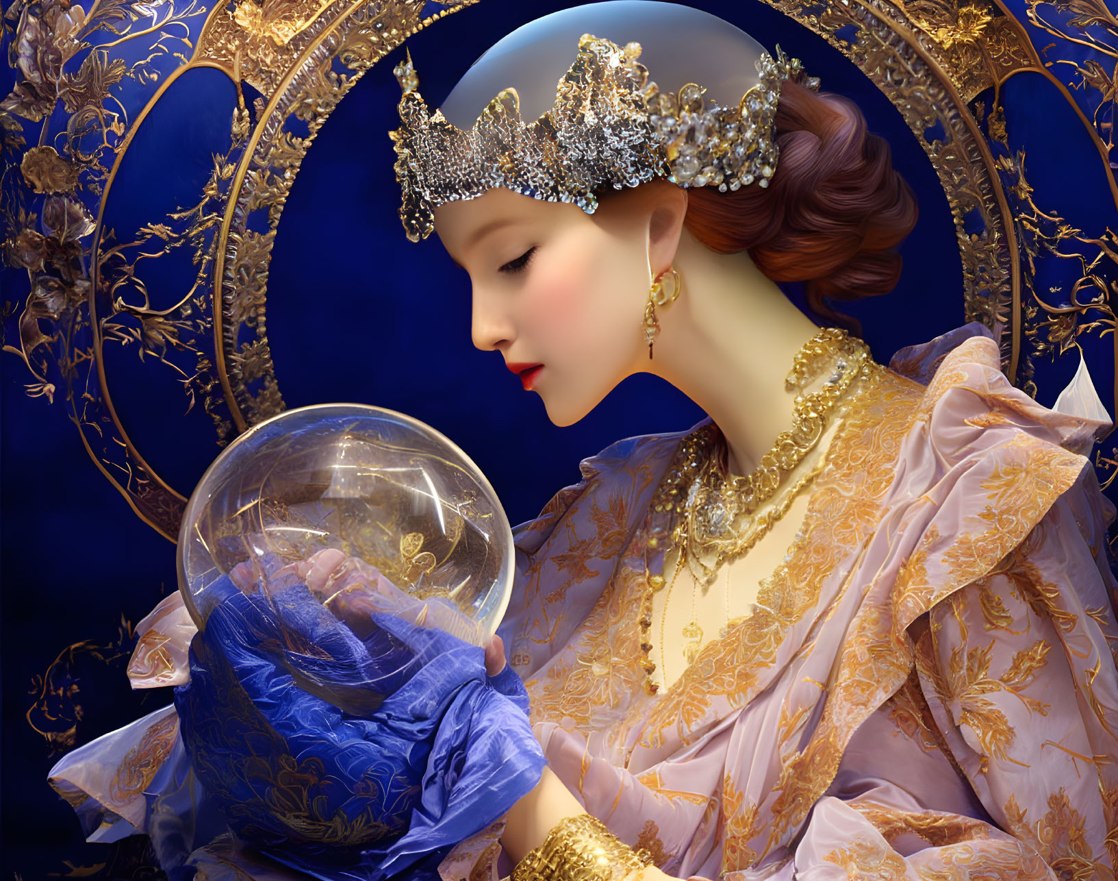 Regal woman in crown gazes into crystal ball on blue background