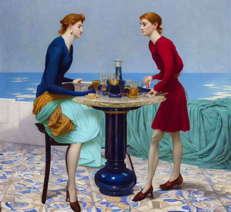 Two women conversing at a seaside table with drinks and a blue vase.