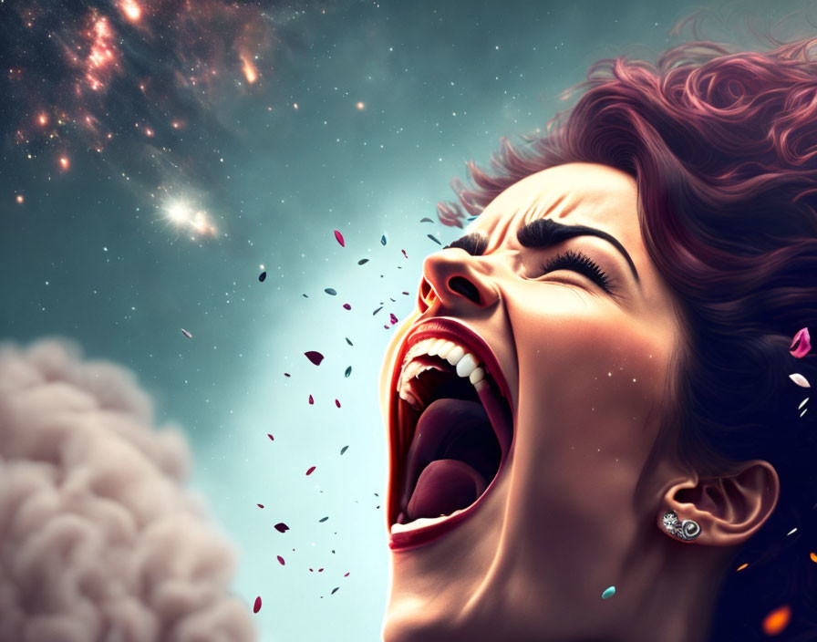 Vibrant digital artwork of woman screaming with cosmic background