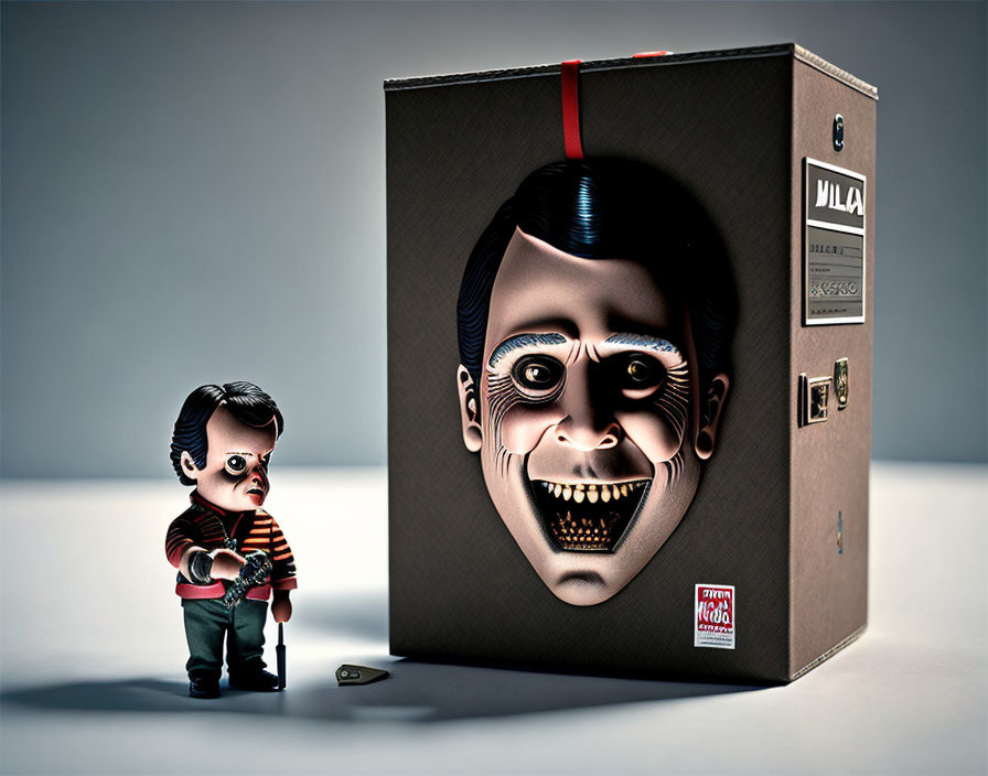 Creepy stylized figure with oversized mask and "Try Me" button beside a box