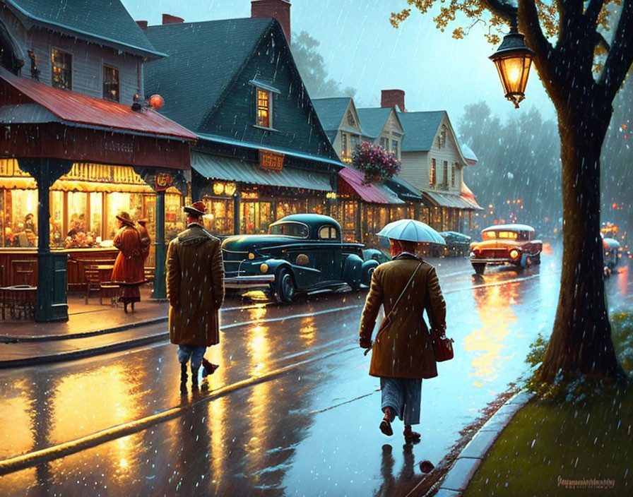 Nostalgic evening rain scene with people, vintage cars, and charming buildings