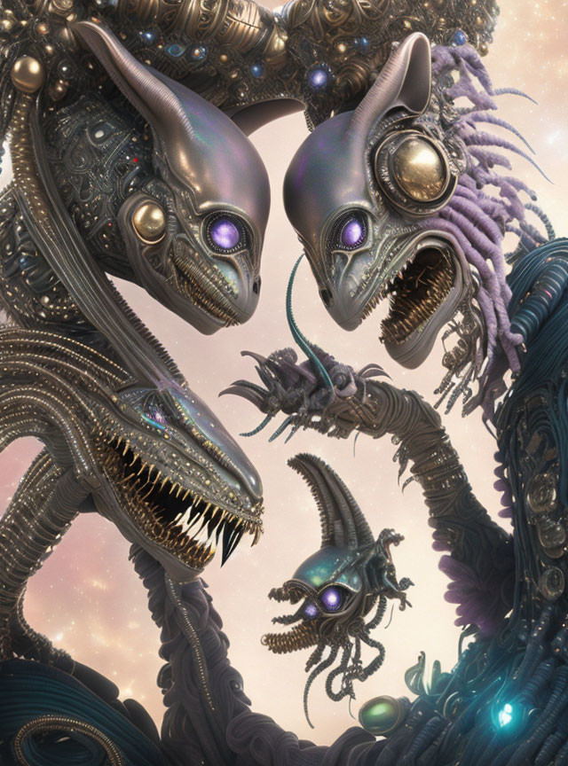 Metallic alien creatures with purple hues and tentacles in close communication.