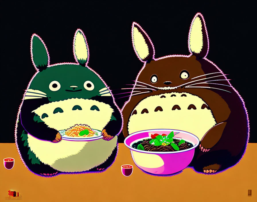 Stylized cartoonish figures with food bowls and chopsticks on dark background