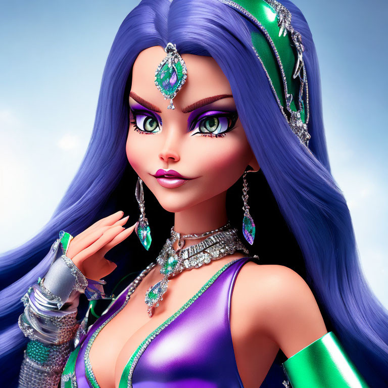 Vibrant 3D character: purple hair, green eyes, silver & emerald jewelry