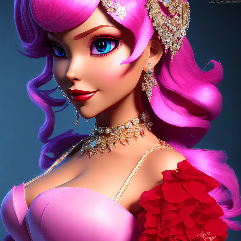 Stylized 3D illustration of woman with pink hair and gold jewelry