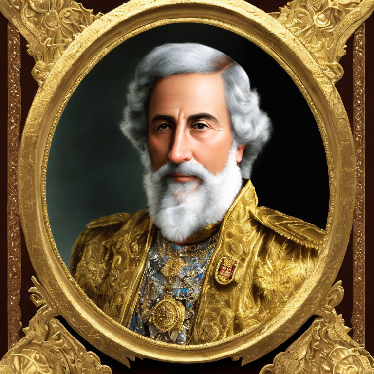 Elderly man in opulent regalia with white hair and beard in ornate frame