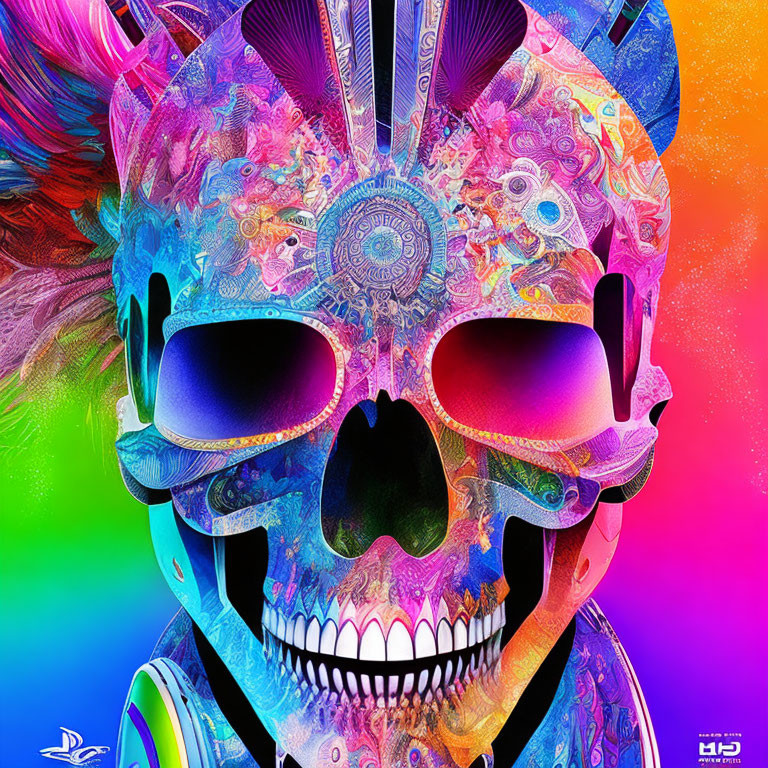 Colorful Stylized Skull Illustration with Sunglasses in Pink, Blue, and Green