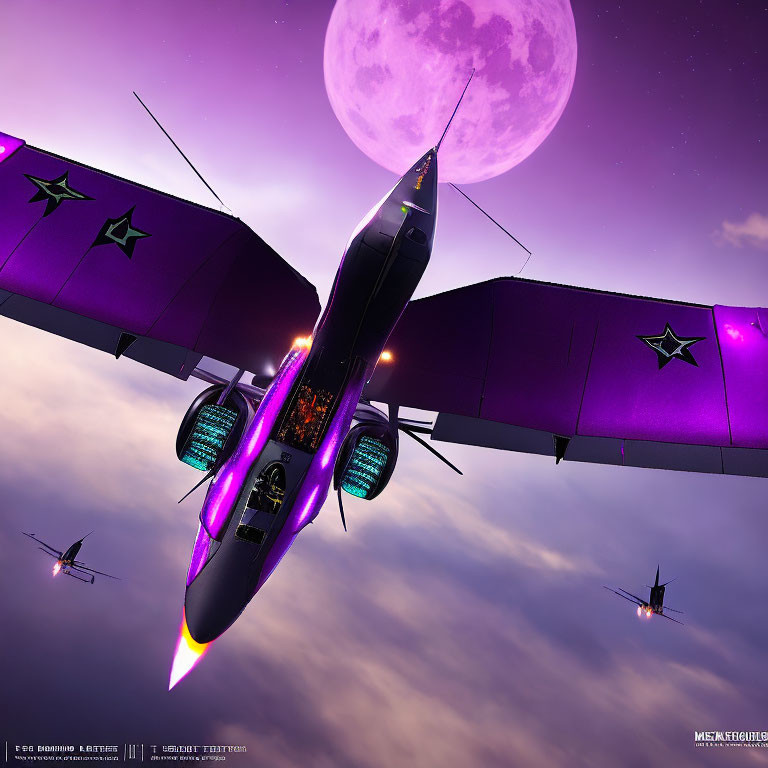 Futuristic jet with purple highlights flying towards large moon in dusk sky