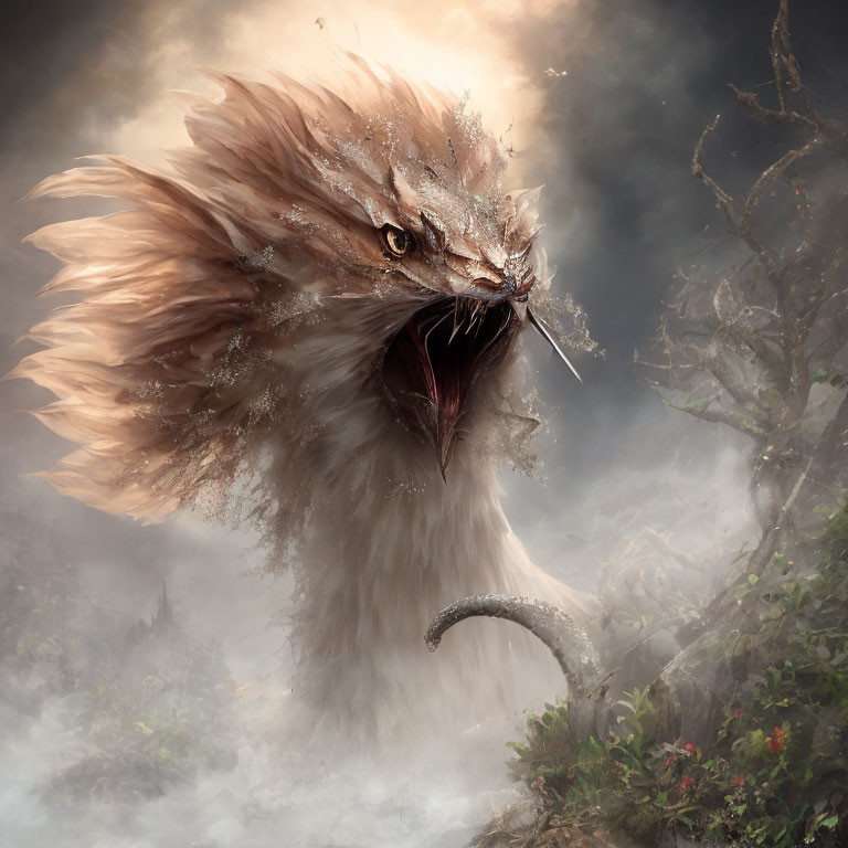 Majestic creature with lion-like head and serpentine body emerges from misty foliage