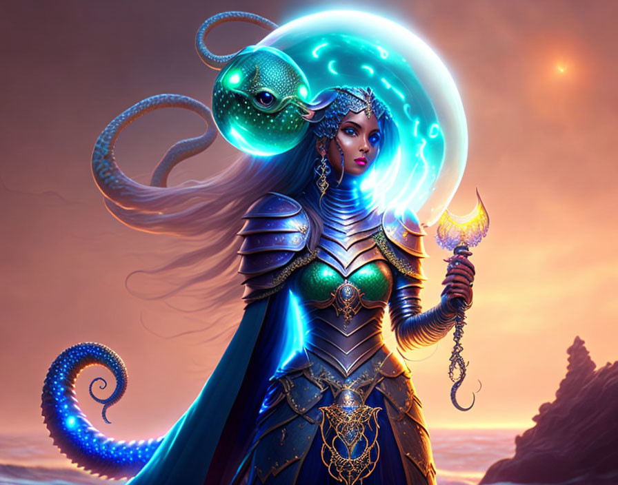 Fantasy illustration of a woman in blue armor with glowing jewelry and staff