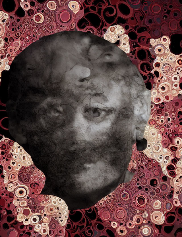 Grayscale portrait overlaid on red and black mechanical patterns