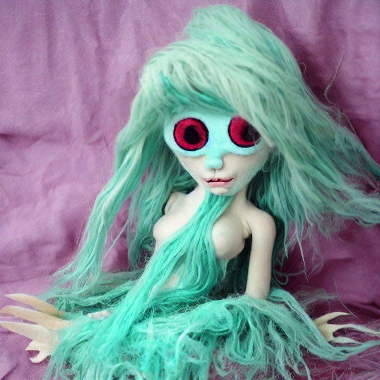 Teal-haired doll with red eyes against pink background with fangs