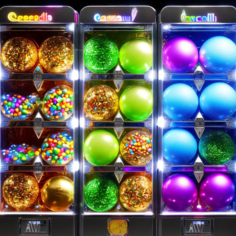 Colorful Gumball Machine with Multicolored Gumballs and Bright Lights