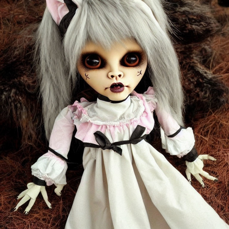 Creepy doll with dark eyes, wolf-like ears, sharp claws, frilly dress in pink and