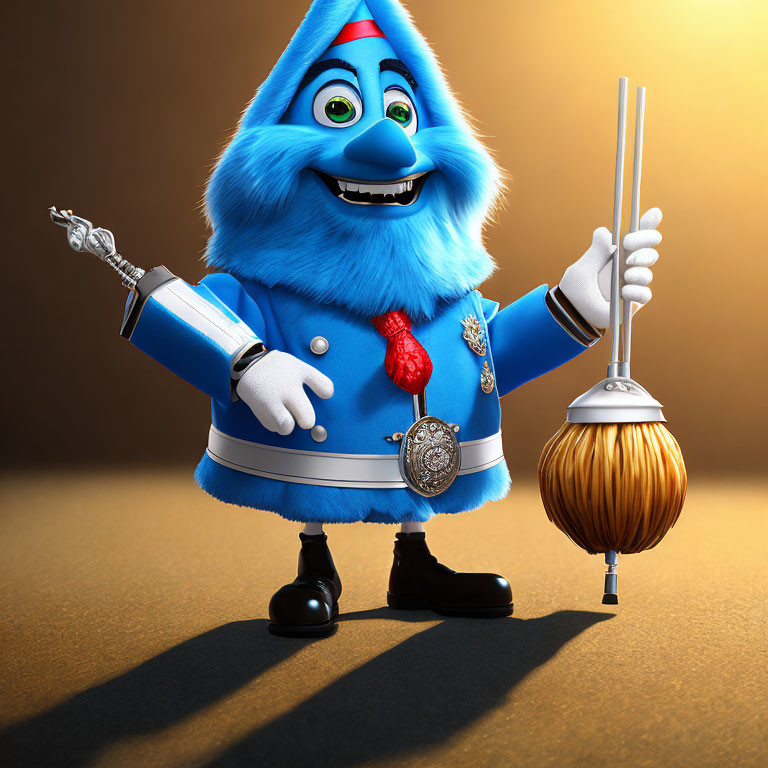 Blue furry creature in ceremonial guard attire with staff, mop, and medals