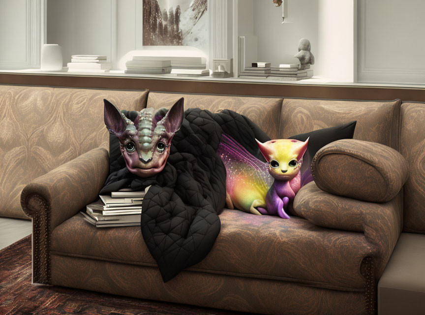 Fantastical cat-like creatures on brown couch in modern living room