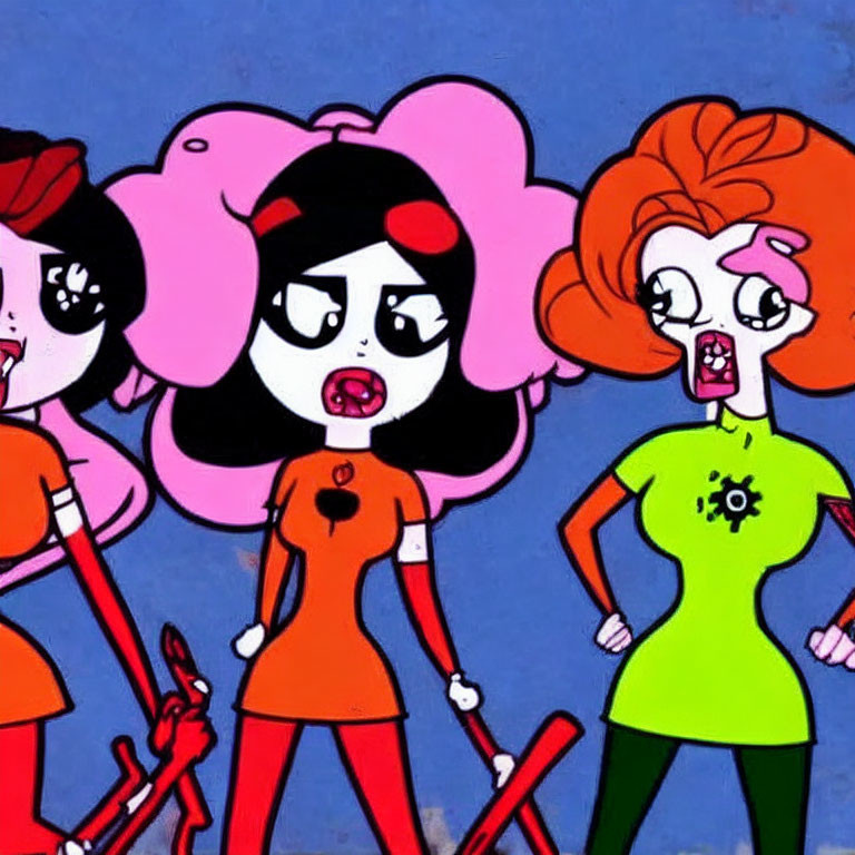 Three animated female figures in pop art style with exaggerated features holding cleaning tools