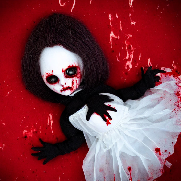 Creepy doll with black and white dress and red eyes on blood-splattered background