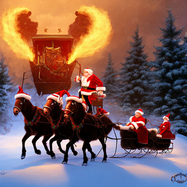 Santa Claus on fiery-winged horse-drawn sleigh in snowy forest twilight