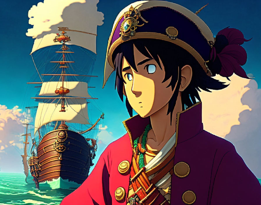 Animated character in naval uniform gazes at tall ship on horizon