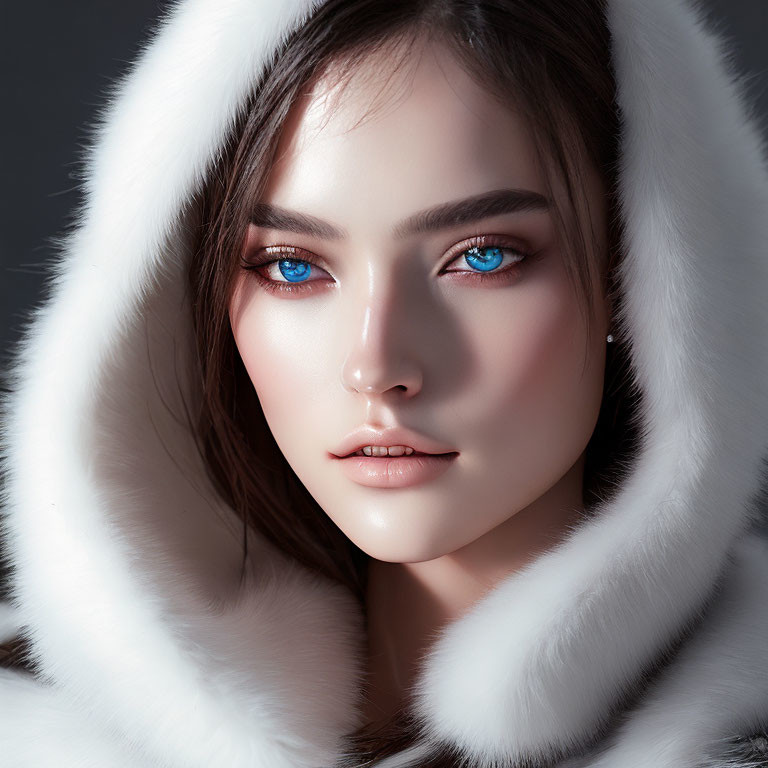 Portrait of Woman with Striking Blue Eyes and White Fur Hood