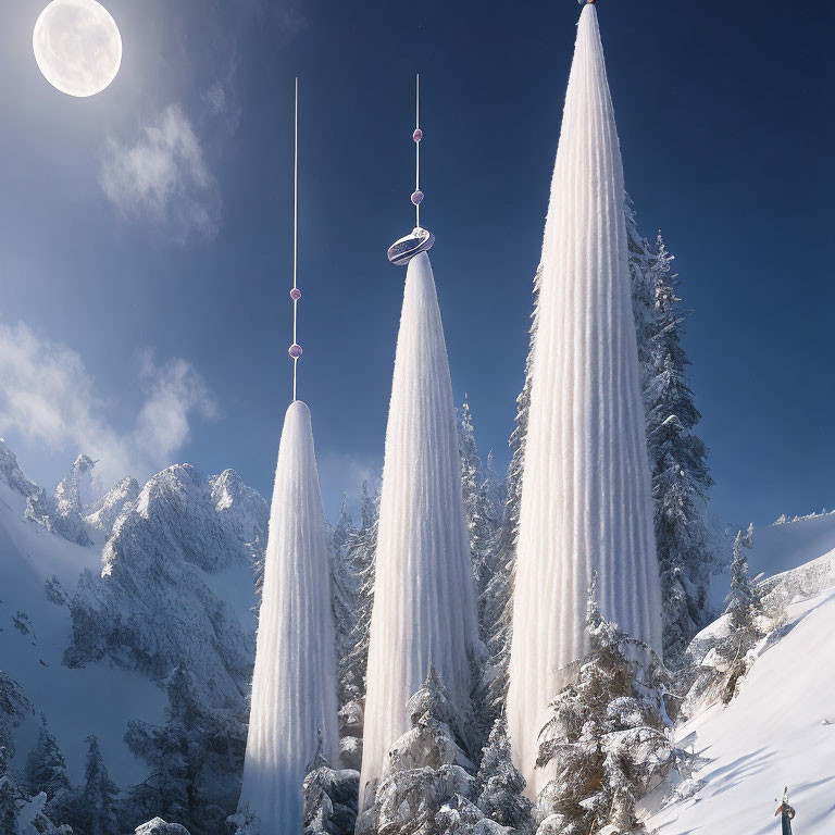 Snow-covered futuristic towers in wintry landscape with moonlit sky