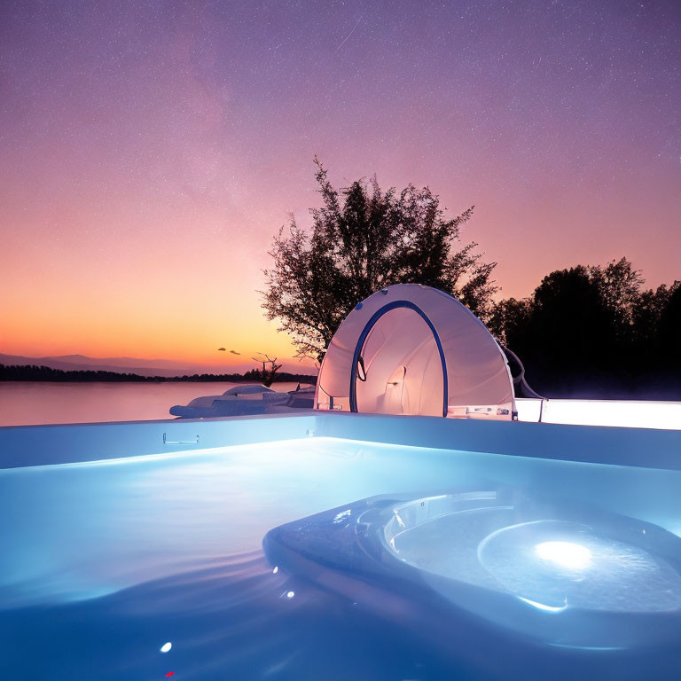 Camping tent by lakeside under starry sky and colorful sunset