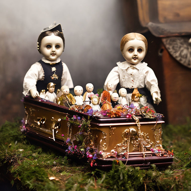 Vintage dolls with miniature coffin and figures on mossy surface