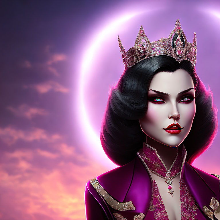 Regal female character with crown and eclipse in fantasy illustration