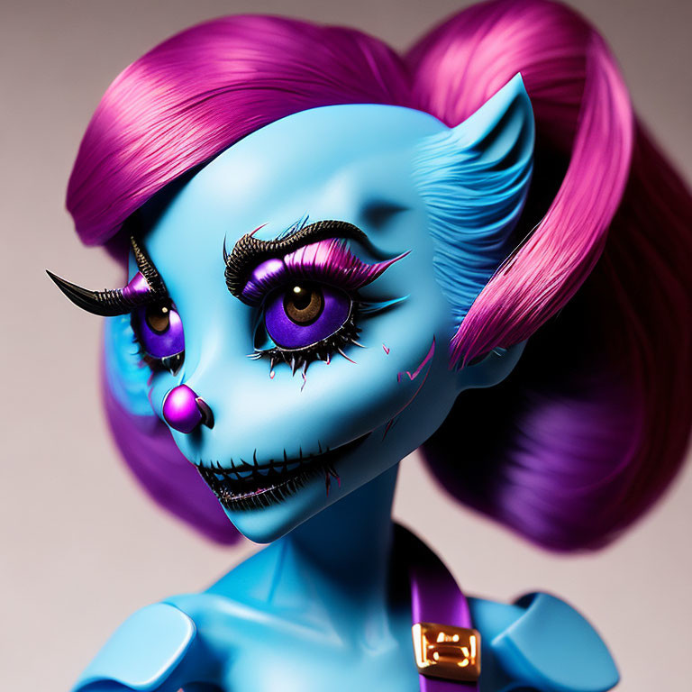 Stylized 3D illustration of female character with blue skin and purple hair