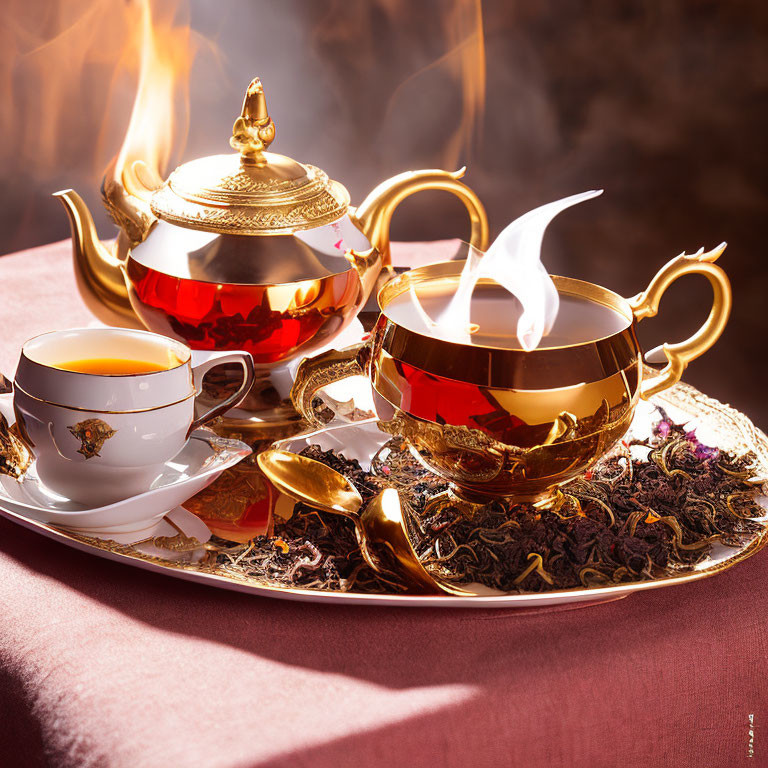 Tea Set with Steaming Teapot, Cup, and Loose Leaves on Tray