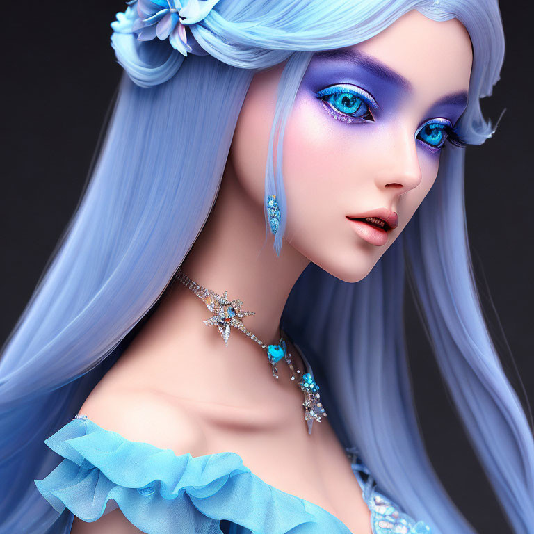 Character with Pale Skin, Blue Eyes, Long Blue Hair & Elegant Blue/Silver Jewelry