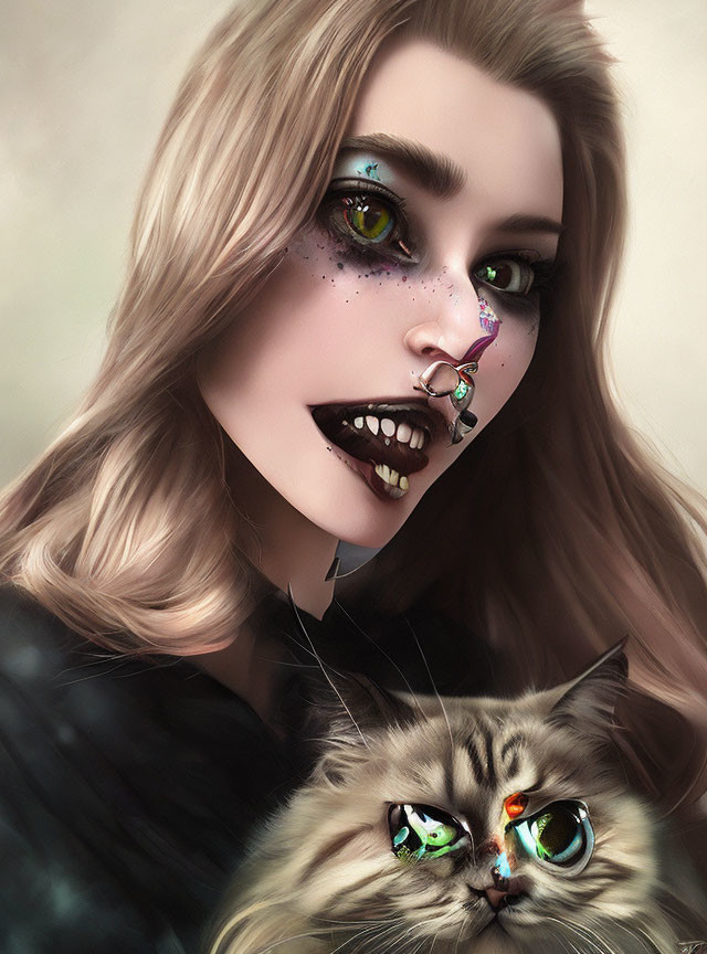 Digital Artwork: Woman with Fantasy Makeup and Cat, Vibrant Green Eyes, Multiple Piercings