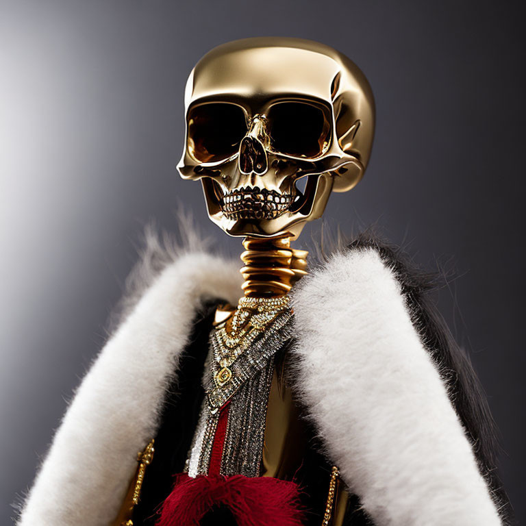 Golden Skull with White Fur Collar and Necklace on Gray Background