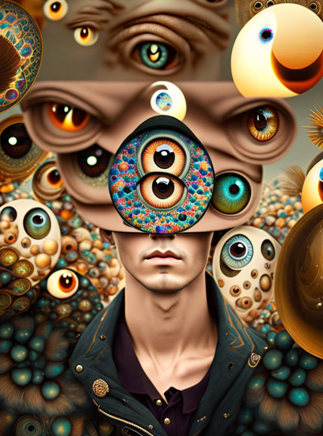 Vividly colored surreal portrait with oversized eyes and central eye