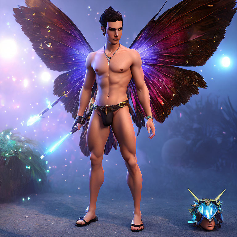 Fantasy illustration of male figure with iridescent wings and glowing sword, with small creature in blue