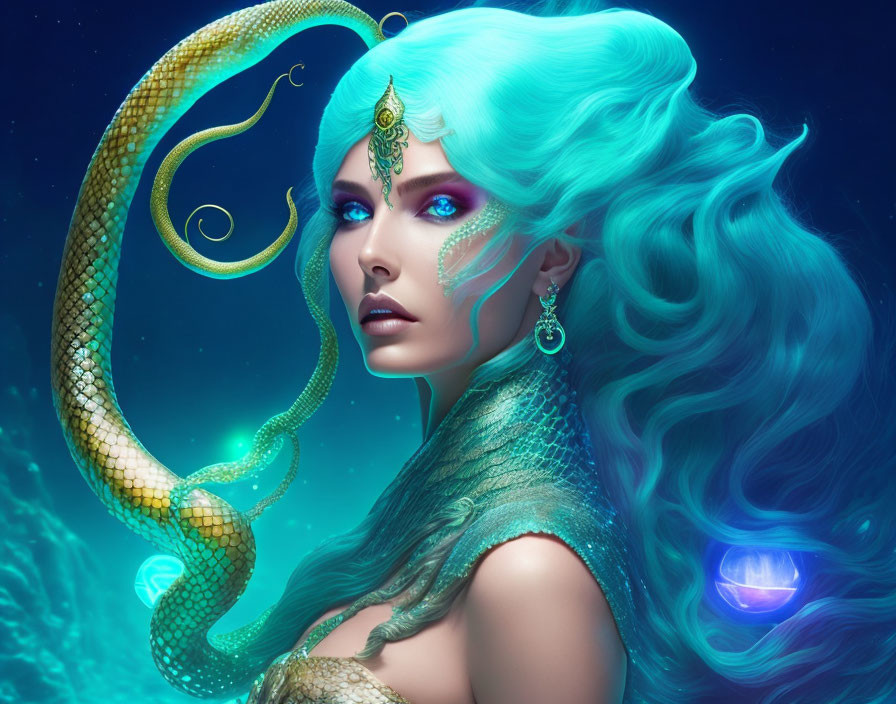 Mythical Female Creature with Sea-Green Hair and Purple Eyes