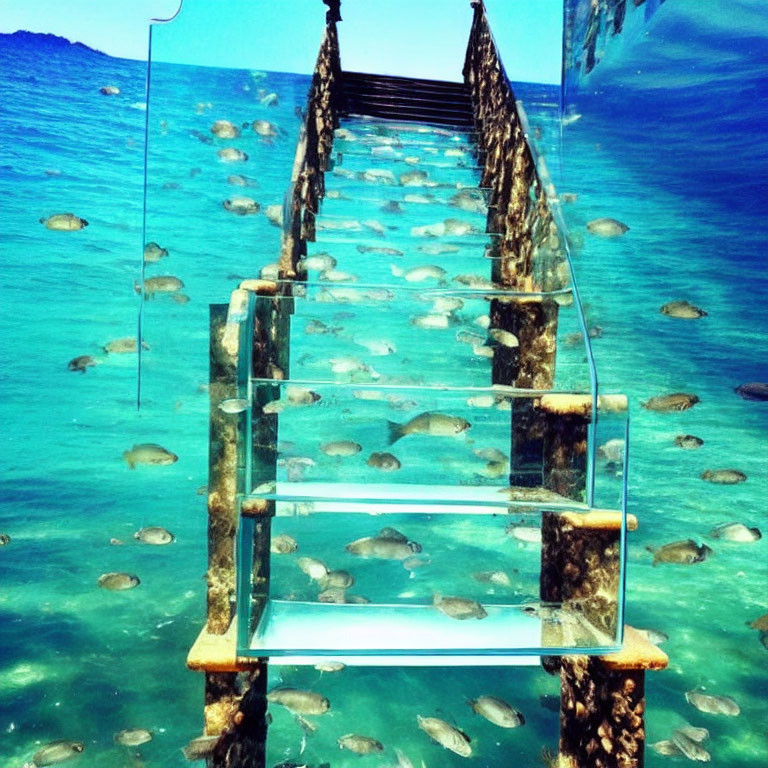 Transparent underwater staircase with small fish in clear blue water and ocean floor view