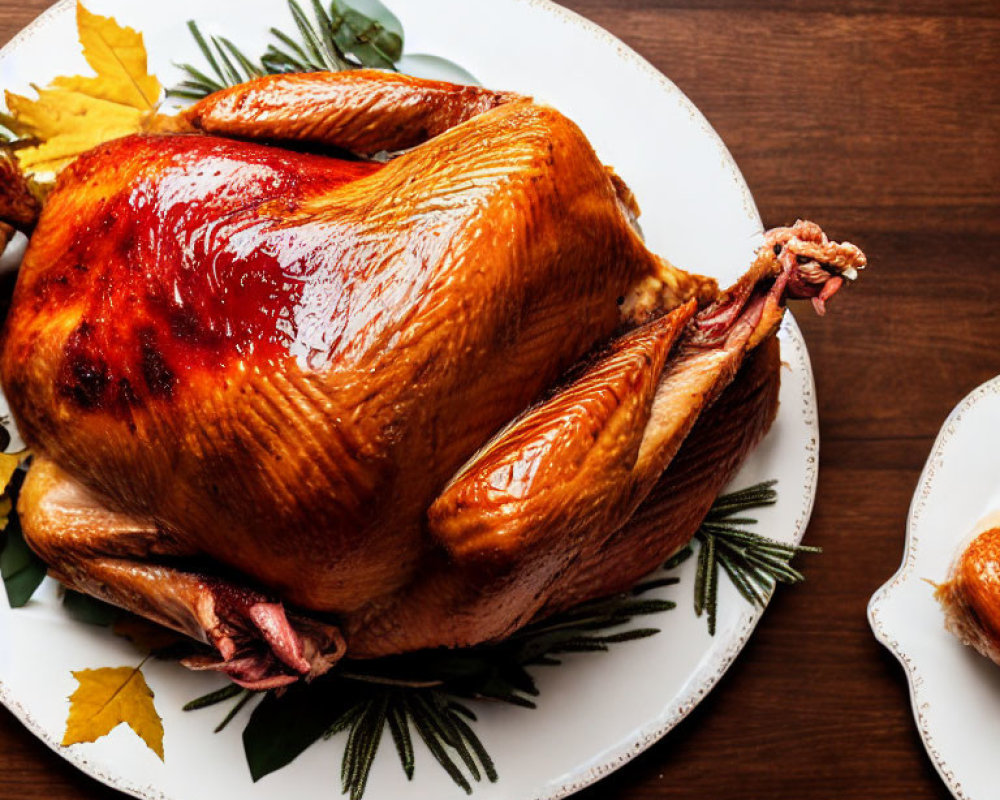 Golden-brown roasted turkey with herbs and leaves on white platter on wooden table