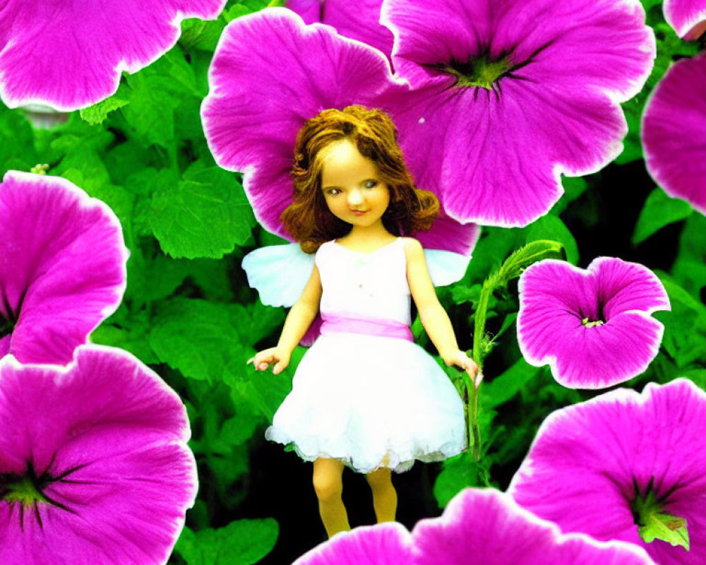 Doll with wings in white dress among purple flowers on green backdrop