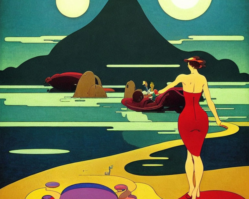 Surreal artwork of woman in red dress by the sea