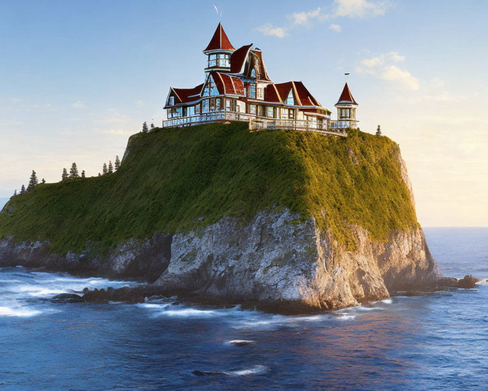 Victorian-style house on lush cliff overlooking blue sea at sunset