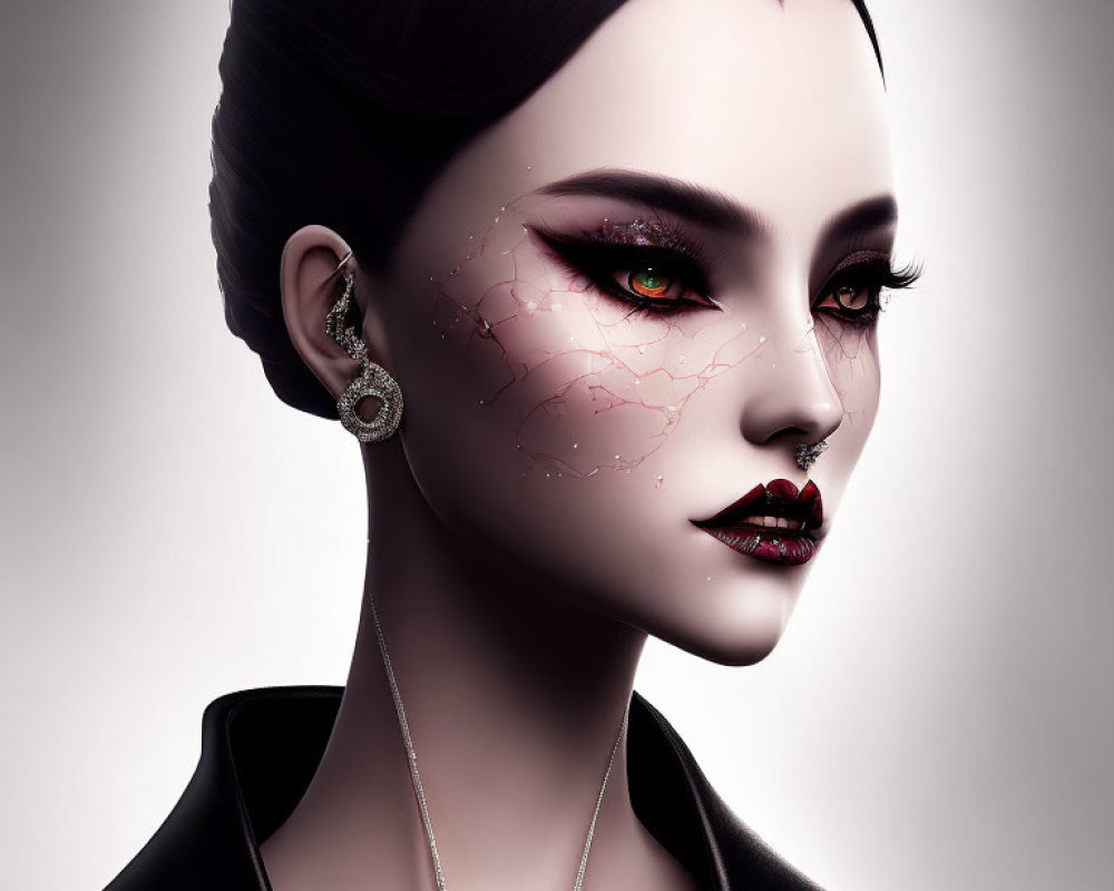 Digital artwork: Woman with cracked skin, green eyes, dark lipstick, and elegant jewelry