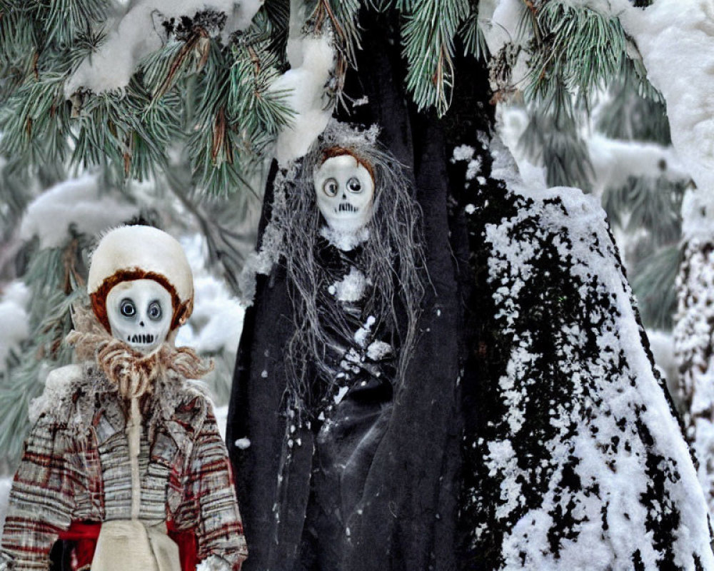 Spooky Skeleton and Ghost in Snowy Pine Branch Setting