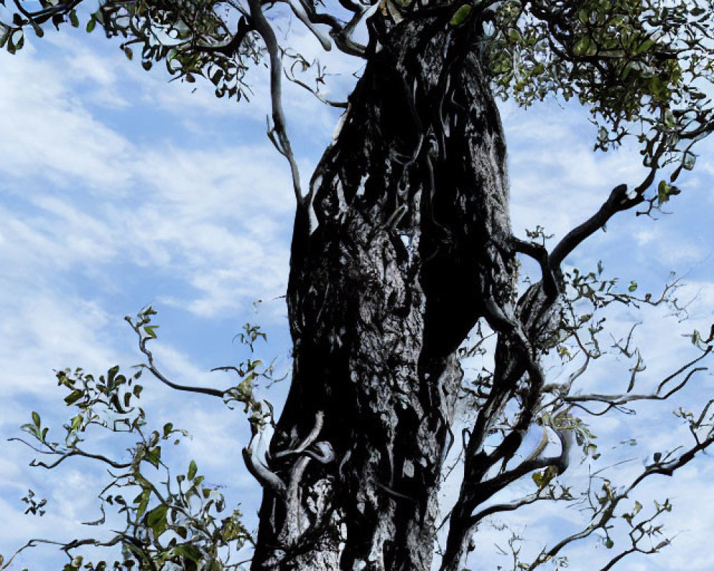 Gnarled tree with birdhouse against cloudy sky