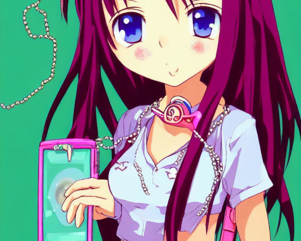 Long Purple-Haired Anime Girl Smiling with Pink Flip Phone