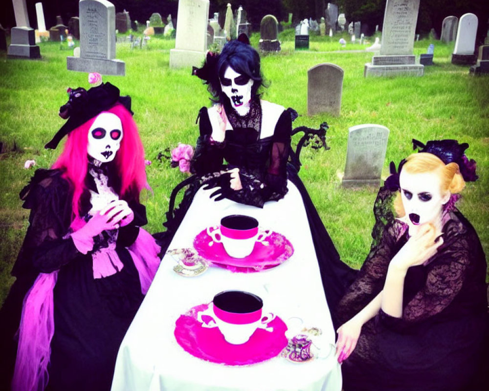 Gothic tea party in cemetery with pink cups and tablecloth