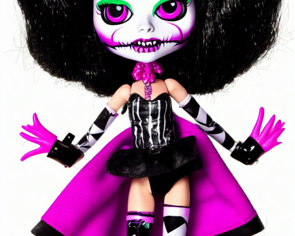 Black and Pink Day of the Dead Doll with Striped Limbs on White Background