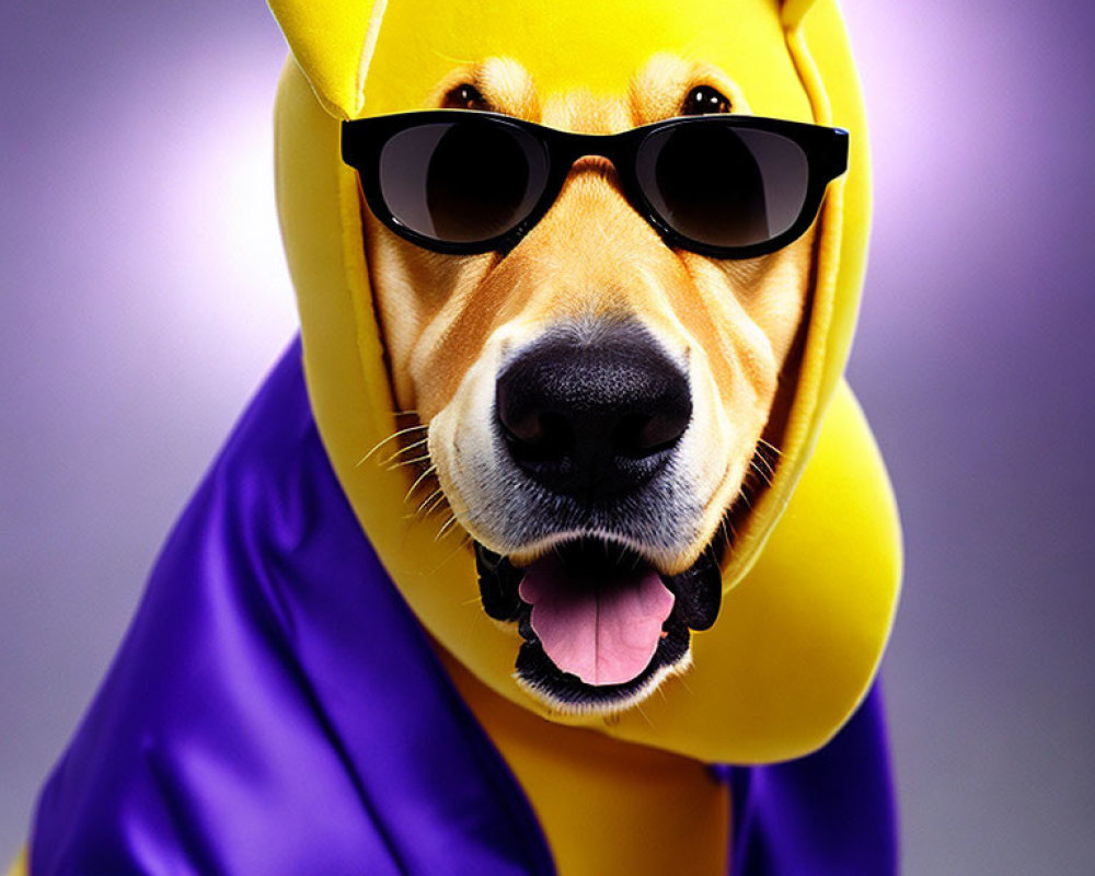 Smiling dog in yellow banana costume with black sunglasses on purple backdrop