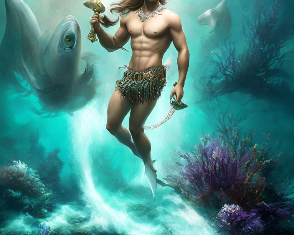 Muscular merman with trident swims with dolphin in vibrant underwater scene